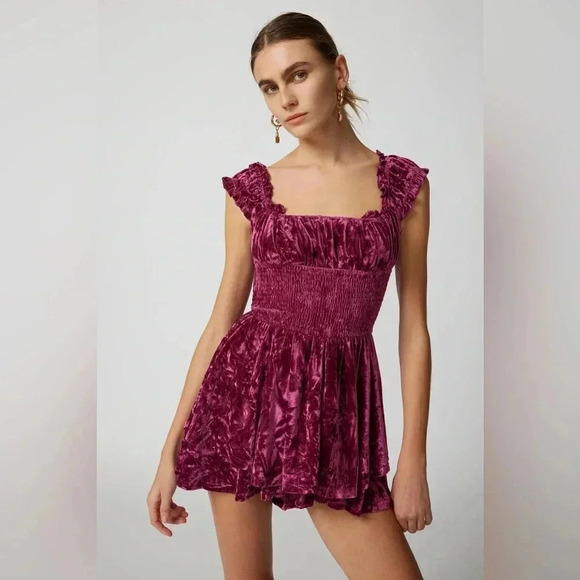 NWT new Urban Outfitters velvet romper SMALL red wine ruffle strap smocked dress - Picture 1 of 17